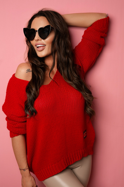 LOOSE SWEATER DERBY WITH AN V-NECK RED