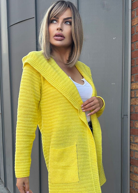 Damski kardigan z kapturem w prążek Samanta żółty