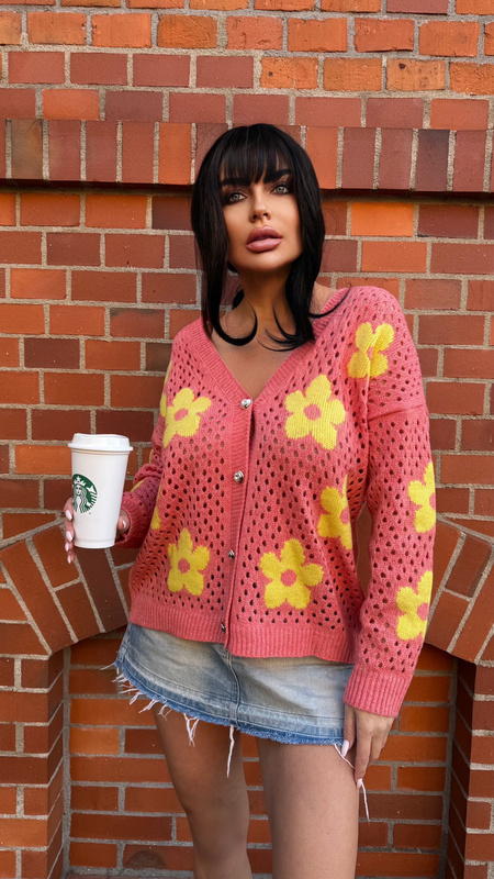 Krótki kardigan Nicea w kwiaty morela