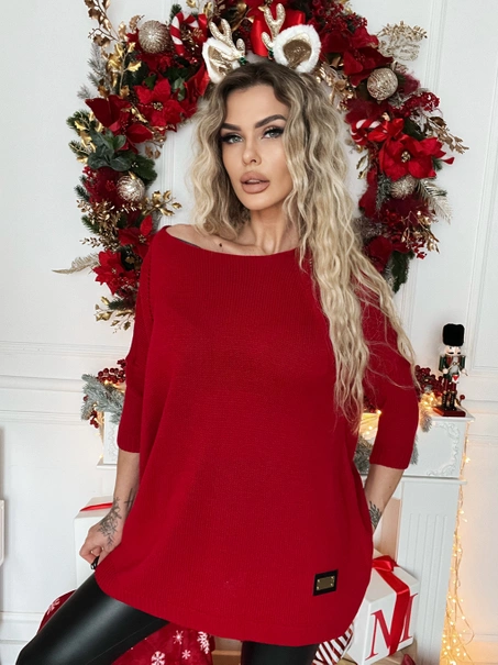 Długi damski sweter Stella oversize czerwony