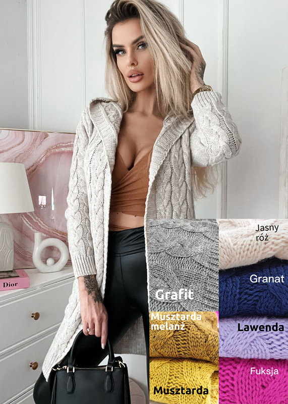 Kardigan z kapturem o splocie warkoczowym Gato