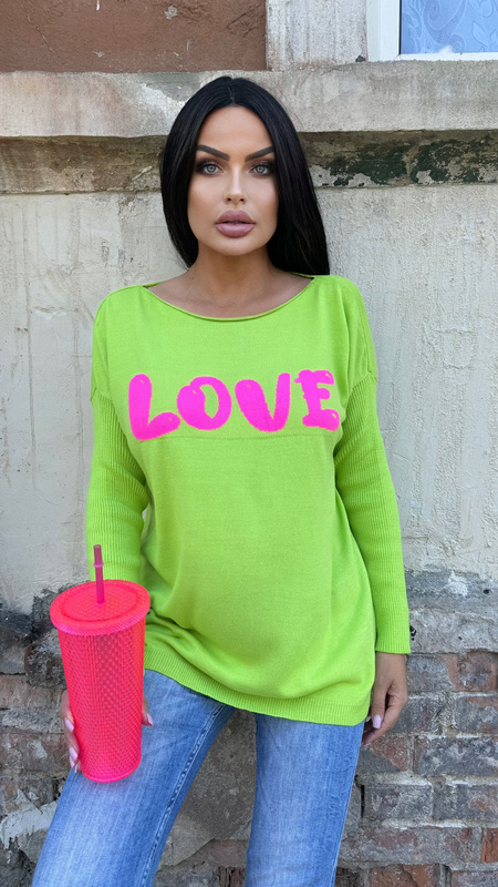 Wyrazisty sweter z napisem LOVE Limonka