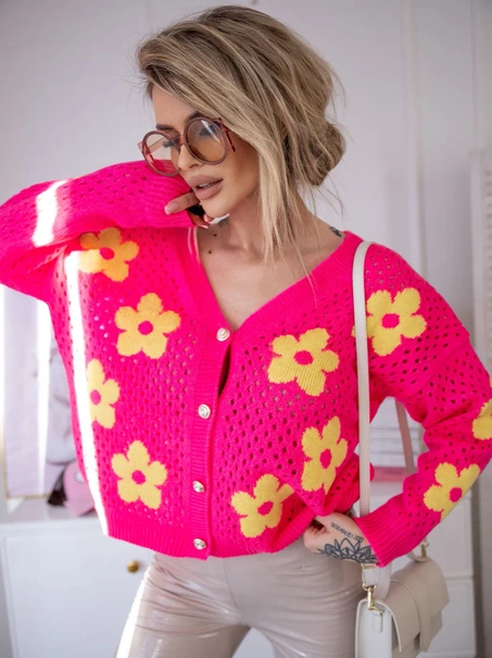 Krótki kardigan Nicea w kwiaty róż neon