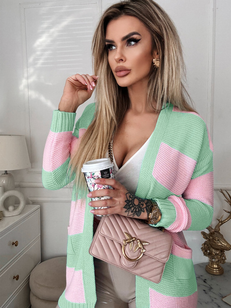 Damski kardigan Sega w pasy mięta/jasny róż