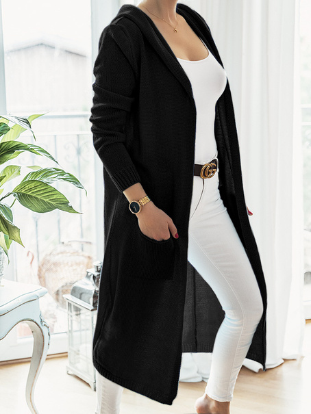 Klasyczny długi kardigan z kapturem Lemon czarny