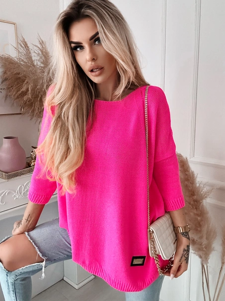 Długi damski sweter Stella oversize róż landrynka