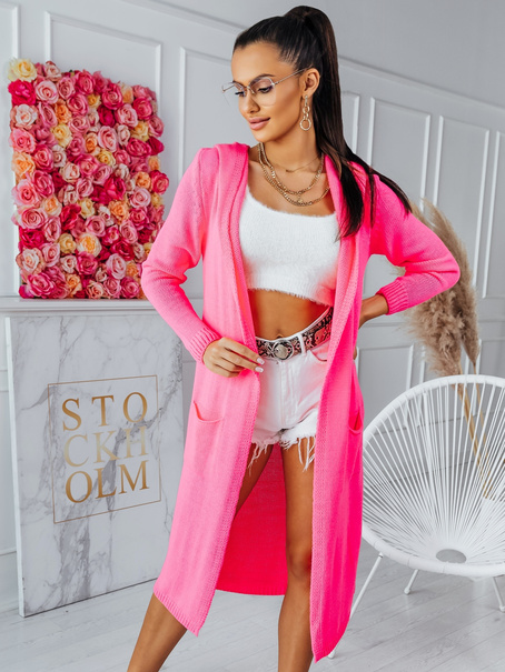 Klasyczny długi kardigan z kapturem Lemon róż landrynka